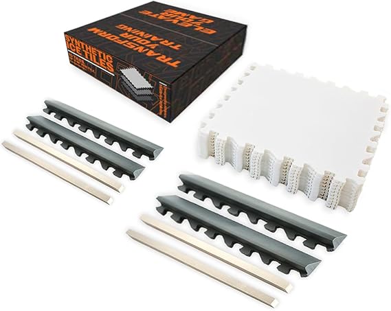 Potent Ice Hockey Home Training Kit: 10 Pcs Synthetic Ice Tiles + 4 Puck Stopper edgings + 4 Rebounder Foams Skating, Stickhandling, Passing & Shooting Drills
