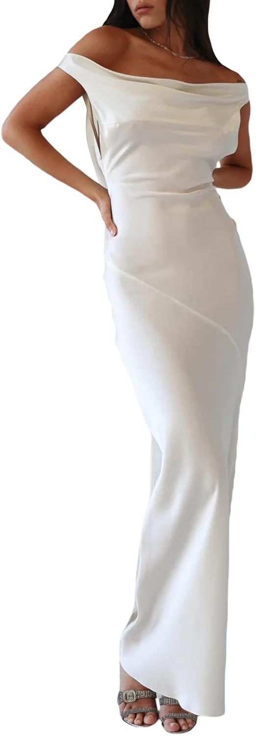Elegant Satin Off The Shoulder Ruched Backless Maxi Dress for Women Strapless Tube Sleeveless Fit Bridesmaid Dress