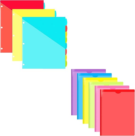 24 PCS 8-Tab Plastic Binder Dividers with Front pockets + Heavy Duty Plastic Pocket Folder with Prongs and Clear Front Pocket - 6 Pack,