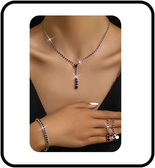 Silver Prom Jewelry for Women Black Rhinestone Necklace Earrings Set Elegant Crystal Costume Jewelry Bridal Wedding Prom Sets Guest Dresses for Women