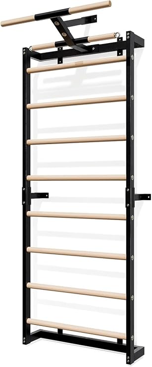 Swedish Ladder, Wood Stall Bars Suspension Trainer with Pull-Up Bar & Rings for Straps, Swedish ladders Wall Gym Adult, Wall-Mounted Workout Ladder