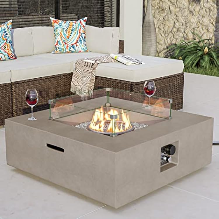 COSIEST Outdoor Propane Square Fire Pit Table, Gray Faux Stone 35-inch Planter Base, 50,000 BTU Stainless Steel Burner, Transparent Gray Fire Glass and Rain Cover, Metal Lid