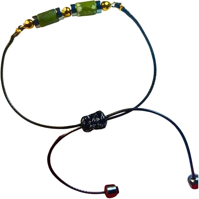 Adjustable Bracelet with Natural Stone Drawstring, Jade and Hematite Stone, Macrame Tied, 26 cm