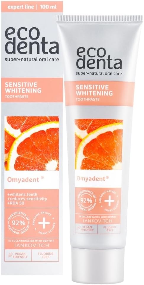 Ecodenta Sensitive Teeth Whitening Toothpaste Fluoride Free - Vegan Friendly Natural Toothpaste for Those with Sensitive Teeth or Porcelain Veneers 100ml