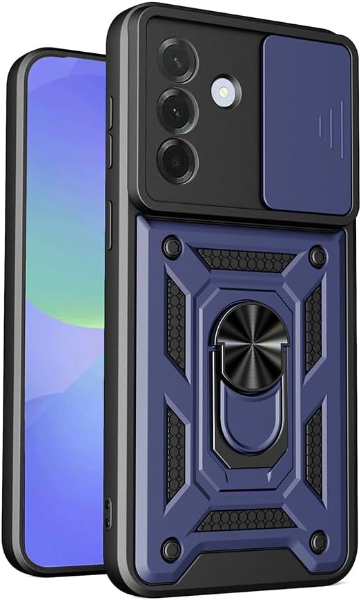 Samsung Galaxy A57 ile Uyumlu Kılıf, Sürgülü Vega Darbeye Dayanıklı Yüzüklü, Standlı ve Sürgülü Kamera Kapağı, 360 Derece Dönen Halka Kapak, Lacivert