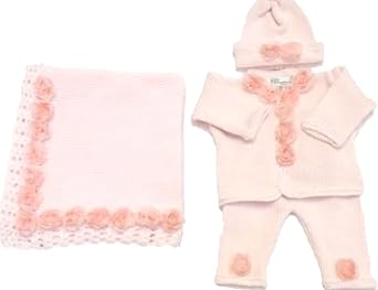 Bubu Knitted & Crochet Finished Pink Cotton Sweater Pant Hat with Roses Blanket.