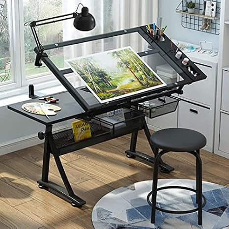 Artists' Drafting Table with Stool - Height Adjustable, Tempered Glass Top, 2 Drawers - Tiltable Draft Desk for Reading, Drawing, Writing - Work Station for Artists - by Drafting Tables