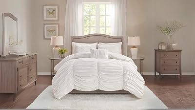 BedDecor 3 Piece Ruched Pattern Duvet Set with Zipper & Corner Ties 100% Egyptian Cotton 500 Thread Count Premium Hotel Quality Decorative Bedding White,Oversized King