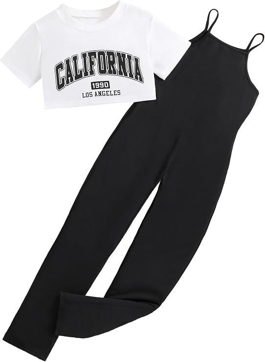 Girls' 2 Piece Outfits Graphic Short Sleeve Crop Top and Cami Jumpsuit Pants Set
