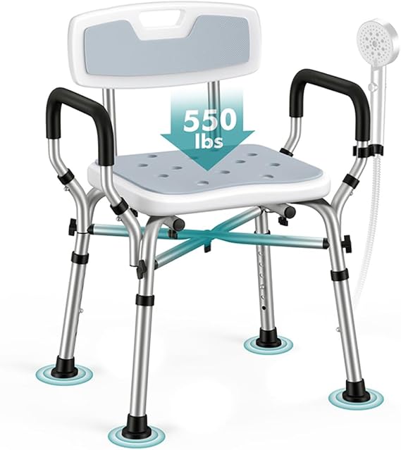 VFAUOSIT Shower Chair with Removable Arms and Back, 550 lb Adjustable Seat | Dual X-Brace Support, Non-Slip Feet, 12 Quick-Drain Holes, Tool-Free Assembly, Wide EVA Cushion, Rust-Resistant Frame