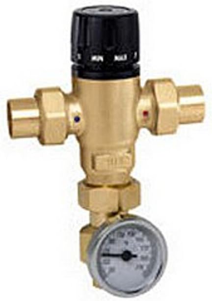 Caleffi 521519AC Mixing Cal 3-Way Thermo Mixing Valve with checks, Low-Lead Brass with Adaptor