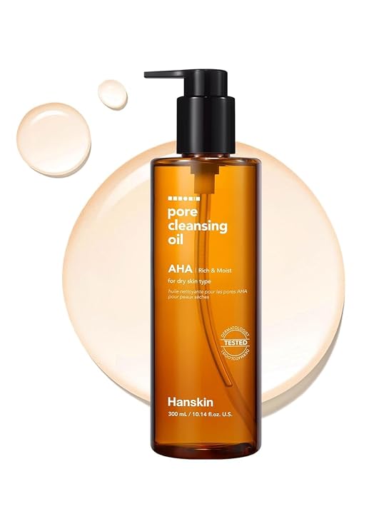 HANSKIN Pore Cleansing Oil AHA 300 mL / 10.14 fl. oz | Gentle Exfoliating & Hydrating Facial Cleansing Oil | Makeup Remover for Dry to Normal Skin | K-Beauty Skincare Made in Korea