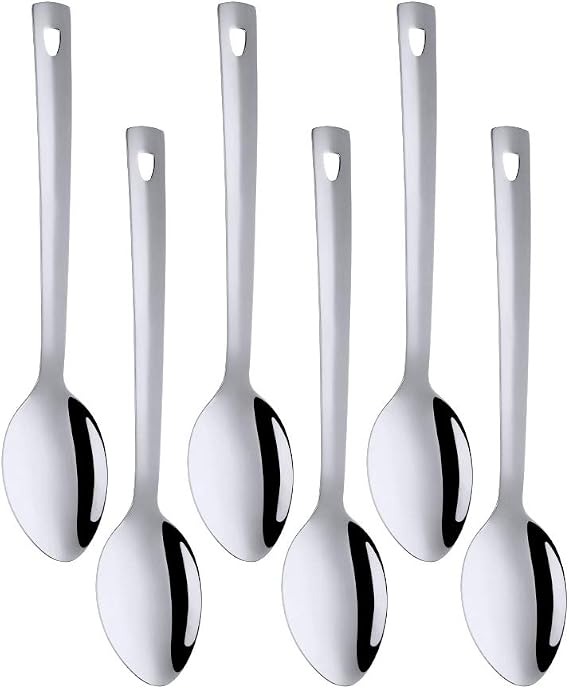 QRU Stainless Steel Serving Spoons with Hanging Hole, Long Handle Spoon Set of 6 Kitchen Cooking, Serving Tools Dishwasher Safe, 13-Inch (Silver, 13 Inch)