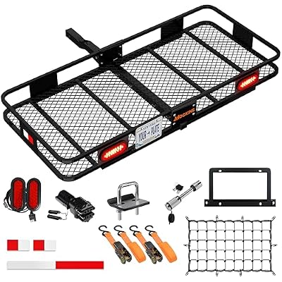 Mockins 60x20x6 Heavy Duty Trailer Hitch Cargo Carrier wLicense Plate Holder, Rear Lights, More | 500 Lbs Cap Cargo Carrier Hitch Mount Basket | Folding Luggage Rack for SUV, Car, Truck, RV