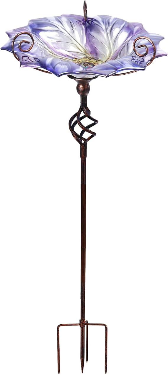 VCUTEKA Glass Outdoor Bird Bath Bird Feeder with Metal Stake Garden Decor | Handcrafted Purple Peacock feather Glass Birdbath for outside, attracts backyard birds and elevates your garden space