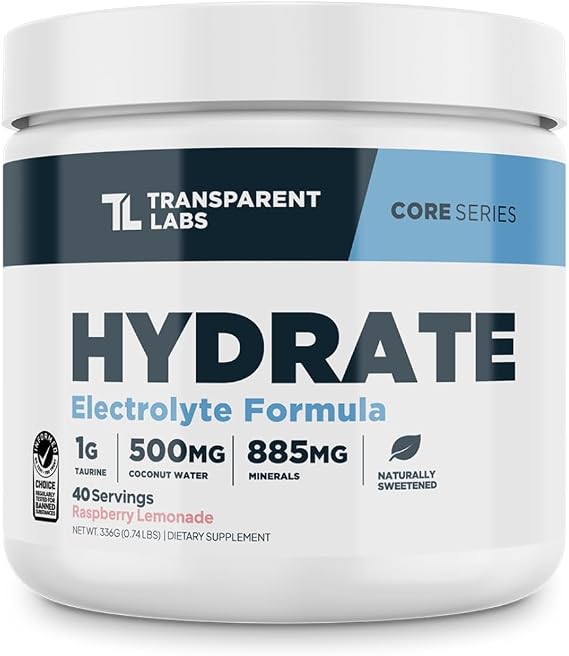 Transparent Labs Hydrate Sugar Free Electrolytes Powder - Hydration Powder Electrolytes with Coconut Water, Calcium, Taurine, Potassium - 40 Servings, Raspberry Lemonade