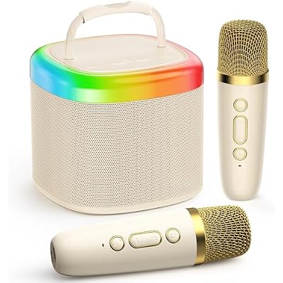JYX Mini Karaoke Machine for Kids, Portable Bluetooth Karaoke Speaker Unpowered Cabinets with 2 Wireless Microphones and Party Lights for Adults, Birthday Gifts for Girls Boys Family Home PartyBeige