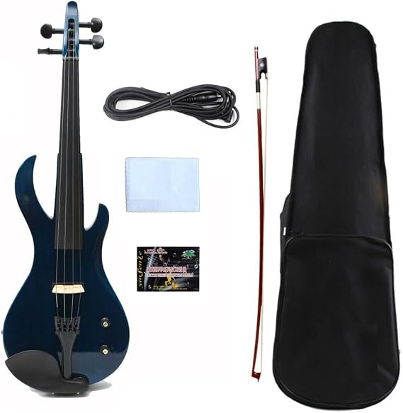 Vetimobato Electric Violin 4/4 Full Size Solid Wood Guitar Shape Body Silent Violin Set for Adults Beginner Practice Electric Fiddle with Ebony Fittings Hard Case (4 Strings Blue Bird Head Big Jack)