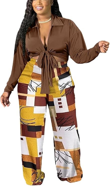 2 Piece Outfits for Women Sexy V Neck Print Shirts Tie Knot Batwing Blouses Crop Top Wide Leg Pants Set