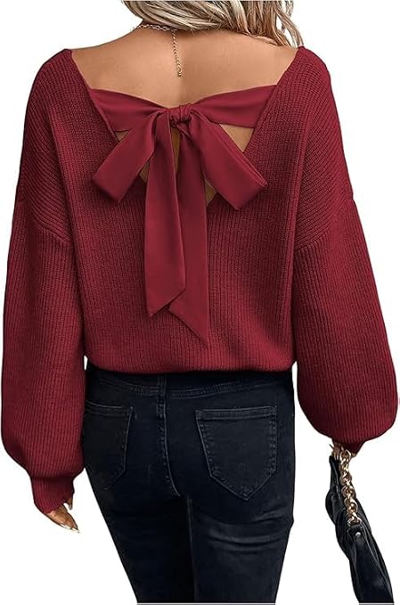 Chvity Christmas Party Sweater Elegant Backless Bow Trendy from Home Cozy Green Sweater