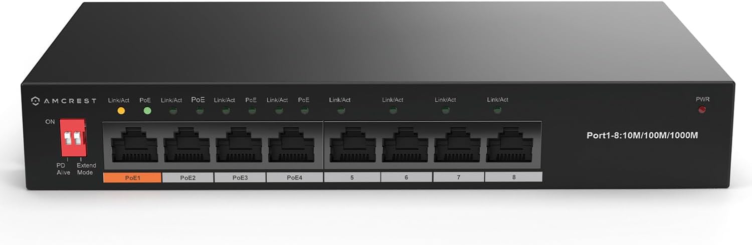 Amcrest 8-Port Switch with 4-Ports POE 802.3afat 60W, Metal Housing, AGPS8E4P-AT-60-V2