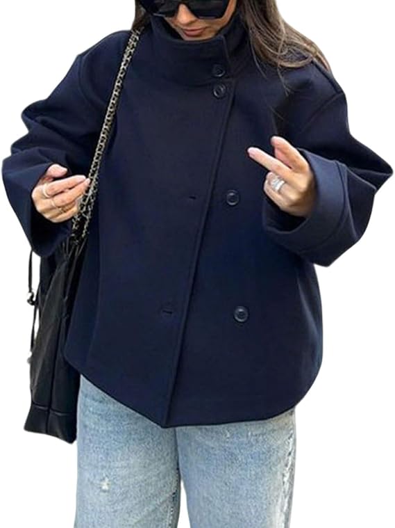 CHARTOU Women Crop Pea Coat Wool Blend Winter Loose Casual Short Jacket Outwear
