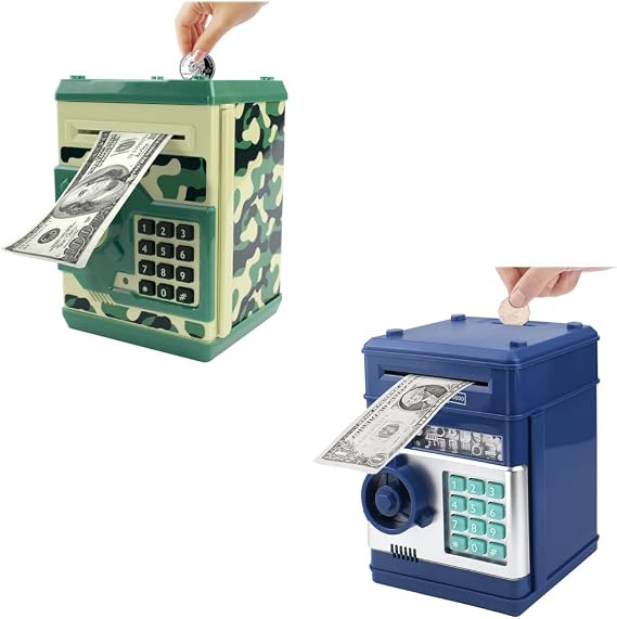Piggy Bank Electronic Mini ATM for Kids Baby Toy, Safe Coin Banks Money Saving Box Password Code Lock for Children,Boys Girls Best Gift (Navy Blue + Green Camo)