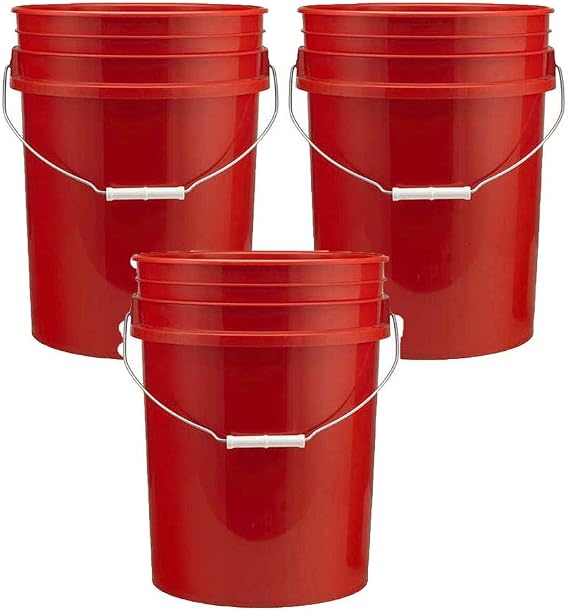 5 Gallon (20L) Plastic Buckets, 3-Pack Red
