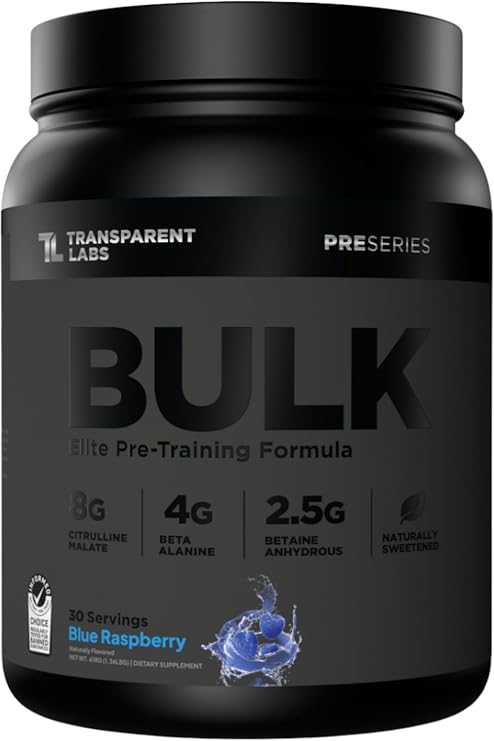 Transparent Labs Bulk Black Pre Workout - Clinically Dosed, Naturally Sweetened Preworkout for Men and Women with Beta Alanine Powder, Citrulline Malate, Caffeine- 30 Servings, Blue Raspberry