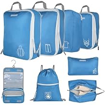 8 Set Expandable Compression Packing Cubes for Suitcases Travel Essentials Carry On Waterproof Storage Bag With Dry And Wet Separation Blue