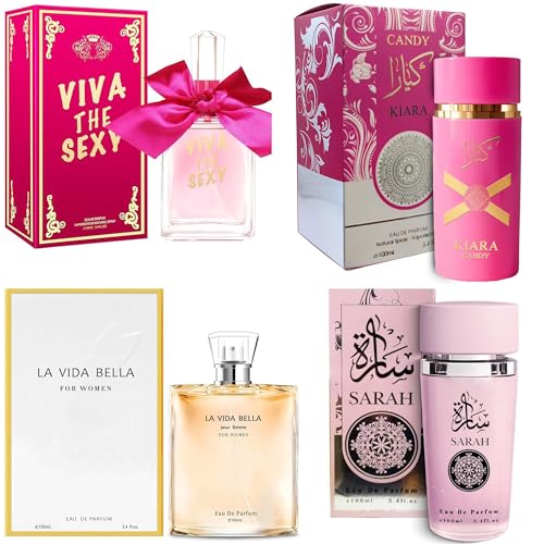 A CENTER Womens Perfume Set 4PCS Multi Scent Combo Long Lasting Fragrance Gift with Vanilla,& Violet Eau De Parfume 3.4 Fl Oz EachLa Vida Bella,Ka Candy,Viva the Sexy,Sarah