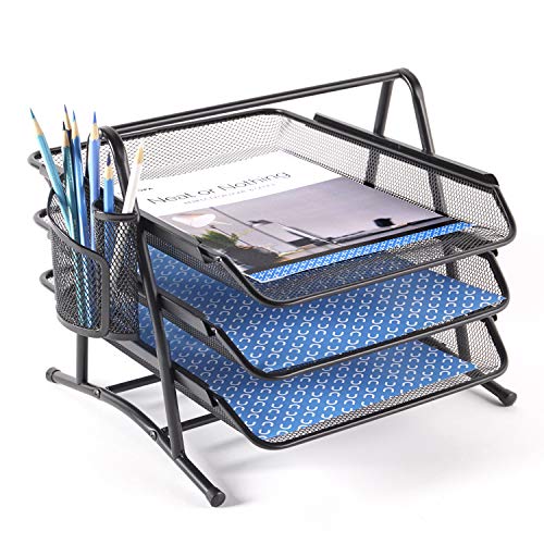 NEATOPA 3 Tier Stackable Letter Tray Metal Mesh Paper File Holder Desk Organizer Pen Holder Black