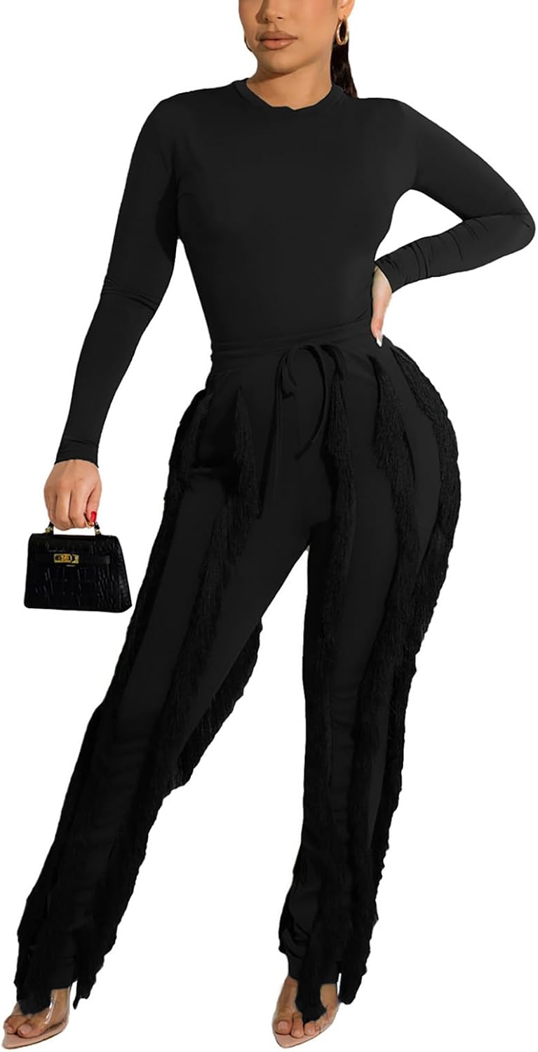 Womens 2 Piece Outfits Long Sleeve Sweatshirt Fringe Tassel Pants Jumpsuit Set Sweatsuit Clubwear