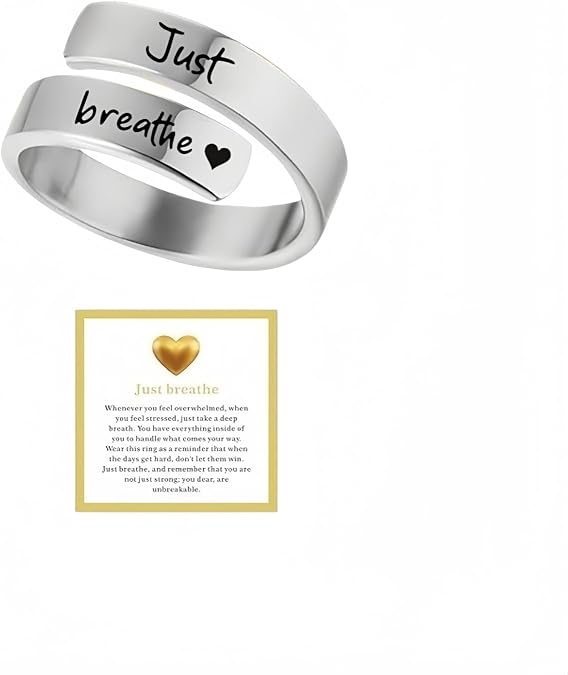 Dainty Just Breathe Ring for Women, Inspirational Engraved Heart Stainless Steel Open Ring Encouragement Daily Motivation Love Yourself Jewelry Gift