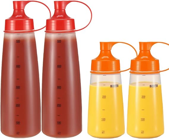 Condiment Squeeze Bottles for Sauces, 4 Pack - 2 x 19oz & 2 x 10oz Plastic Dispensing Bottles for Ketchup, Mustard, Oil, Dressing, BBQ, Arts & Crafts