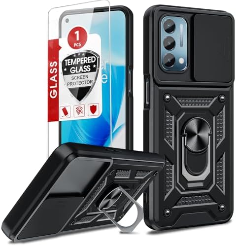 LeYi for Oneplus Nord N200-5G Case, with Tempered Glass Screen Protector & Military-Grade Protection, Slide Camera Cover with Magnetic Rotatable Kickstand para Nord N200 5G Phone Case, Black