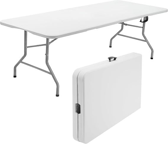 SKOK Folding Picnic Table 8 Foot, 8FT Long Plastic Picnic Table Portable with Carry Handle, White Tailgating Utility Commercial Craft Table with Heavy Duty Frame for Party & Events,330lbs