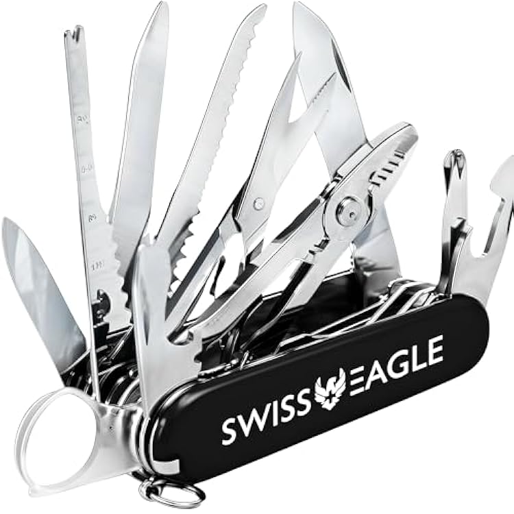 Swiss Eagle 30-in-1 Classic Pocket House Hold & Campaign Tool, Premium Multi Tool Pocket Tool with Blade, Scissor, Screwdriver, Plier, Magnifying Glass, Tweezer for Christmas Gifts - Black