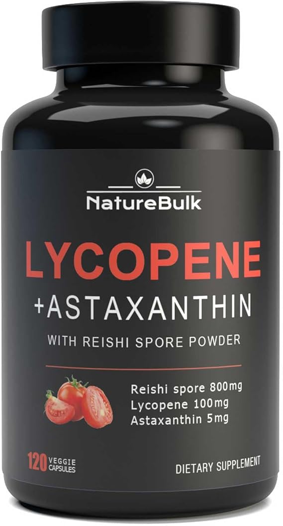 Lycopene 100mg + Astaxanthin 5mg with Reishi Spore, Supplement for Skin Health and Immune Support, 100% Natural Astaxanthin from MicroAlgae and Natural Tomato Extract, 120 Veggie Capsules
