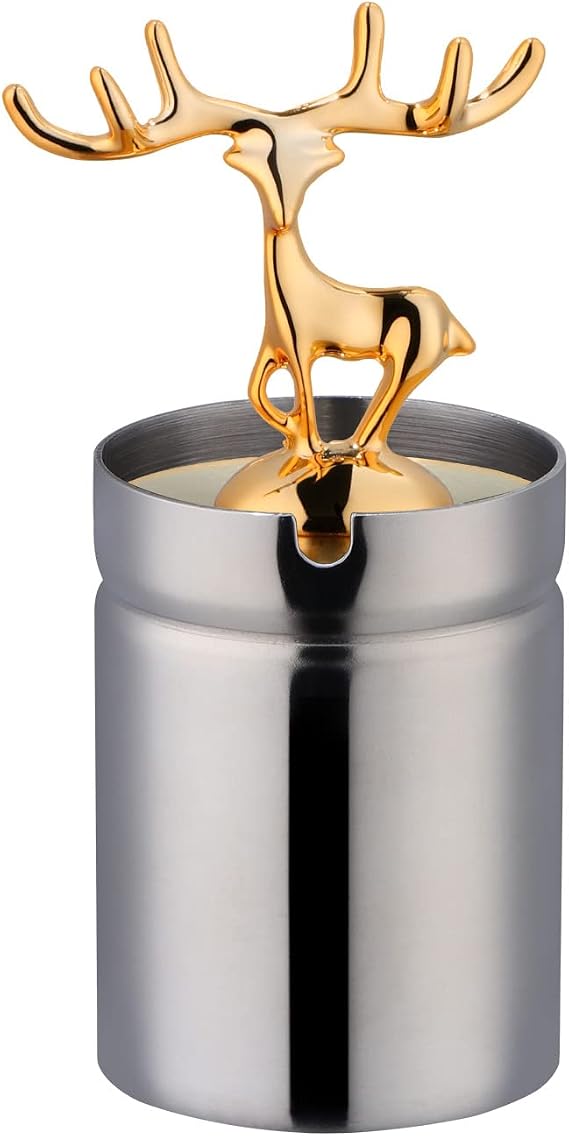 Stainless Steel Car Ashtray with Lid, Portable Ashtray for Car, Mini Car Trash Can, Detachable Smokeless Ash Tray with Deer Shape Lid, Windproof for Outdoor Travel, Home Use-Silver