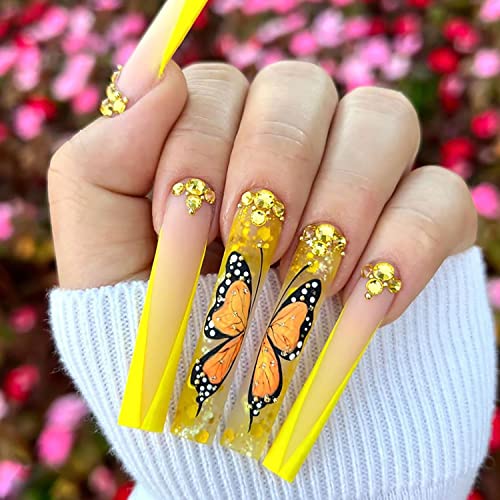 Ballerina Press on Nails Long Length, 24 PCS Full Cover Reusable Coffin False Fingernails with Sticky Tabs, Artificial Acrylic Fake Nails with Butterfly Designs, Stick on Nails Square for Women