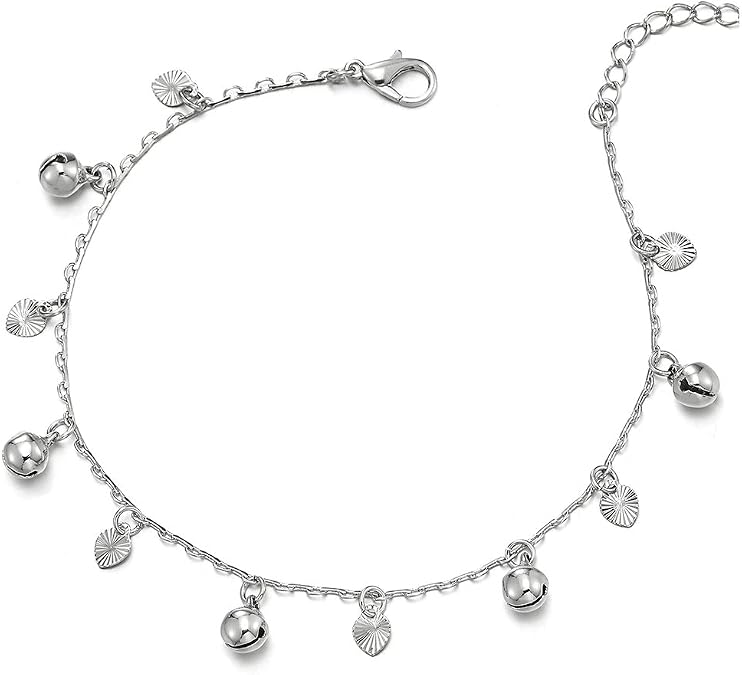 COOLSTEELANDBEYOND Beautiful Link Chain Anklet Bracelet with Dangling Grooved Hearts and Jingle Bells, Adjustable