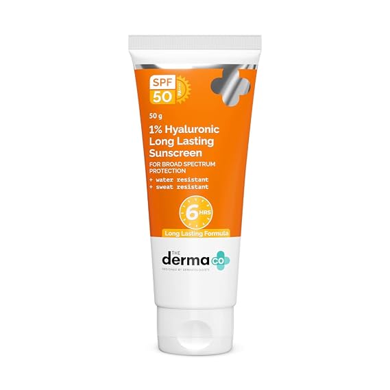 The Derma Co 1% Hyaluronic Long Lasting Sunscreen SPF 50 PA++++ With Hyaluronic Acid & Vitamin E For Broad Spectrum Protection Upto 6H Sun Protection Water & Sweat Resistant No Reapplication Needed