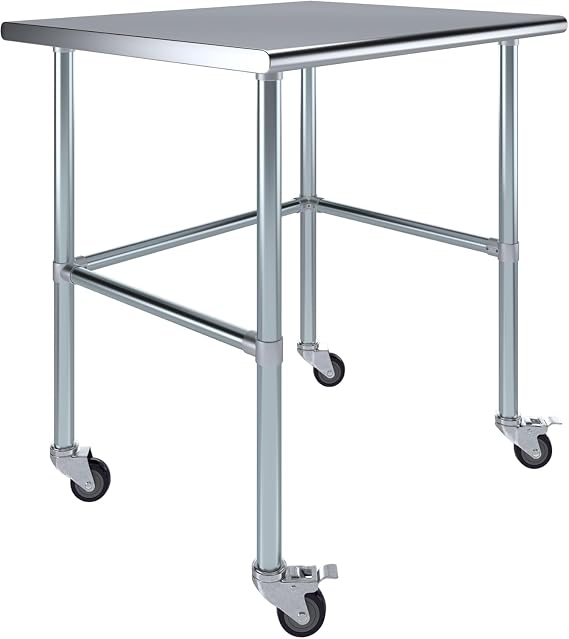 KPS Commercial Stainless Steel Work Table with Crossbar 30" x 36" NSF Certified Prep Table with Wheels for Restaurant, Kitchen, or Garage Use