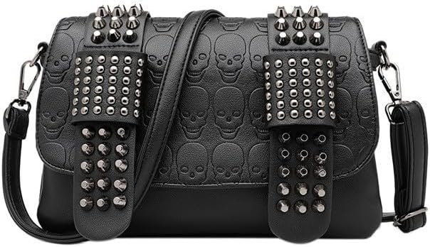 Rivet Crossbody Tote Bags for Women Skull Punk Faux Leather Hobo Rivet Bag with Multi Pockets and Studs Design Trendy Punk Rivet Shoulder Bag Work Boston Bag, Black