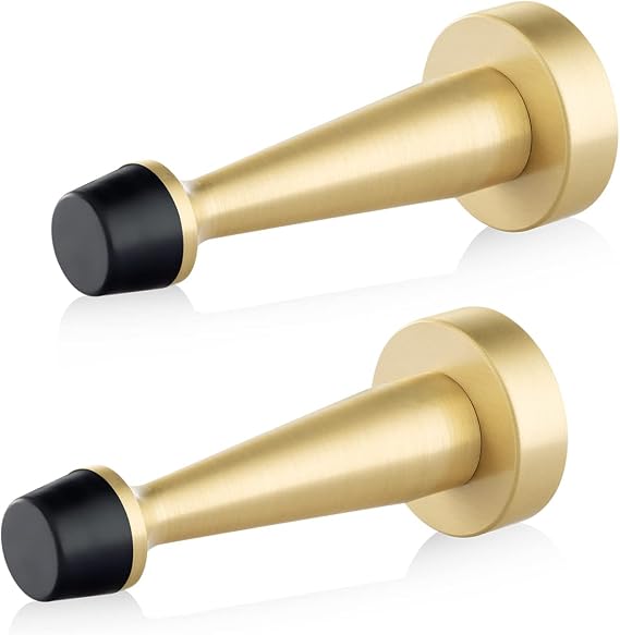 QOGRISUN's Heavy Duty Solid Brass Door Stops,3-1/4-inch Total Length of Decorative Gold Door Stopper Wall Protector with Rubber Bumper Tip - Brushed Brass (2-Pack)