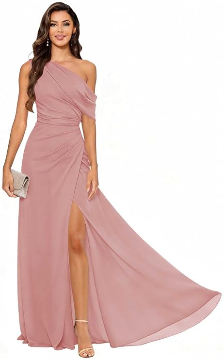One Shoulder Bridesmaid Dresses with Slit Chiffon Long Formal Wedding Guest Evening Gown Ruffles Maxi Dress