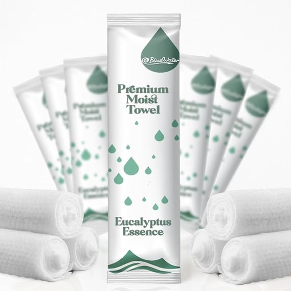 BlueWater (100-Pack) Individually Wrapped Moist Pre-Scented Towels - Single-use Premium Hot/Cold Towels (White Packaging, 12x12in., Eucalyptus Essence)