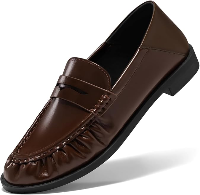 Coutgo Penny Loafers for Women Comfortable Slip on Shoes Collapsible Heel Closed Toe Dressy Casual Work Flats, Dark Brown, Size 8.5