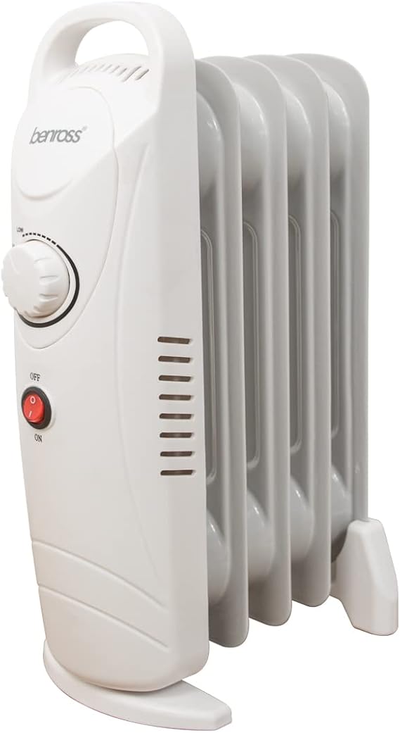 Benross 41640 Portable 5 Fin Mini Oil Filled Radiator/Low Energy Plug in Heater/Adjustable Thermostat/Automatic Overheat Protection/Cool Touch Carry Handle / 500W / White [Energy Class A]
